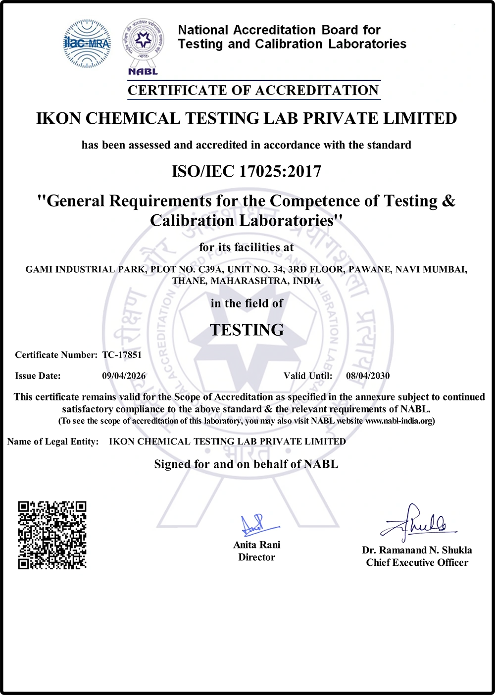 NABL Accreditation Certificate